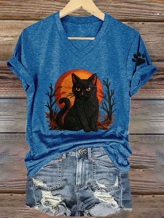 Women's Casual Vintage Black Cat Print T-Shirt