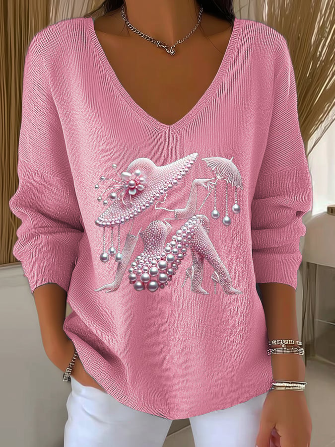 Women's casual pink breast cancer print sweater