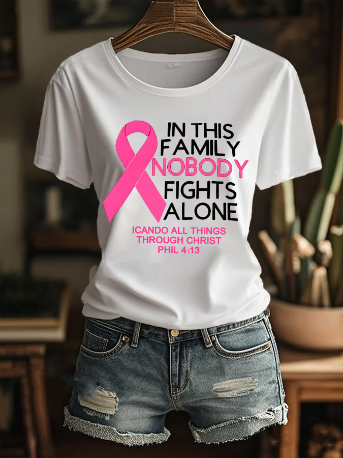 Women's Retro In This Family Nobody Fights Alone Breast Cancer Awareness Print T-Shirt